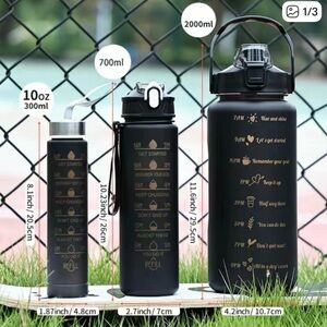 MOTIVATIONAL WATER BOTTLES w/QUOTES 3 PIECE SET NIP BLACK/GOLD 3 DIFFERENT SIZES
